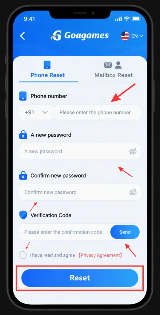 goa games reset password